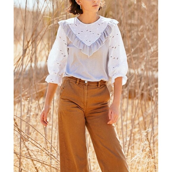 Tops - Women’s White Eyelet Ruffle Blouse Cotton Quarter Sleeve Top M